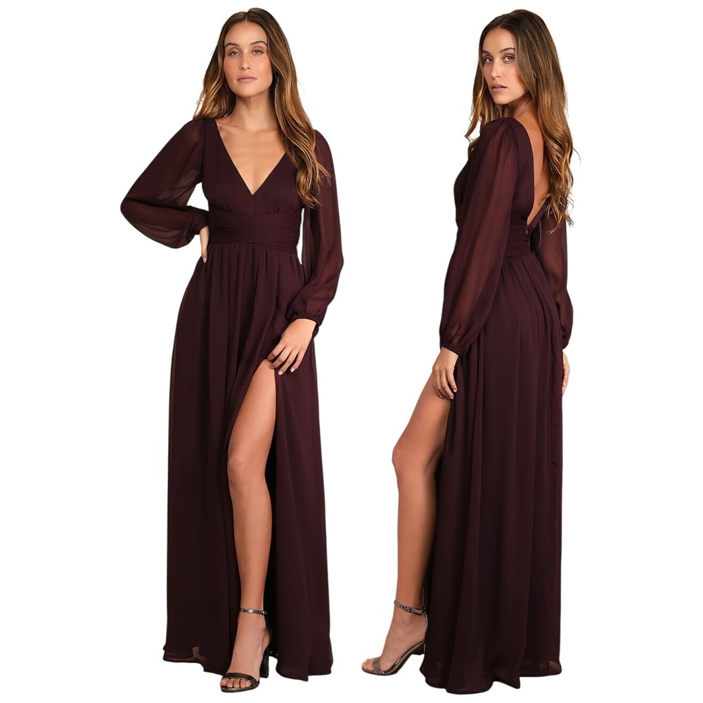 Lulus Enchant My Love Dark Purple V-Neck Long Sleeve Maxi Dress Small